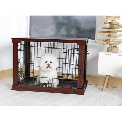 Merry Products Pet Cat Washroom Bench Box with Removable Partition Wall, White + Merry Products Decorative Pet Cage w/ Protection Box End Table, Large, Brown