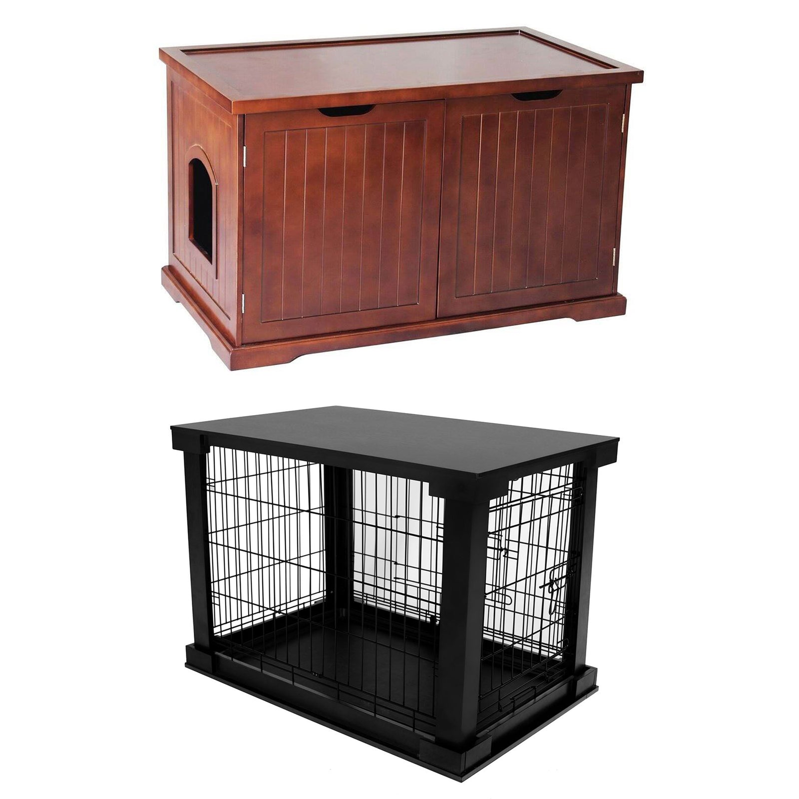 Merry Products Pet Cat Washroom Bench with Removable Partition Wall, Walnut + Merry Products Decorative Pet Cage w/ Protection Box End Table, Black - VMInnovations