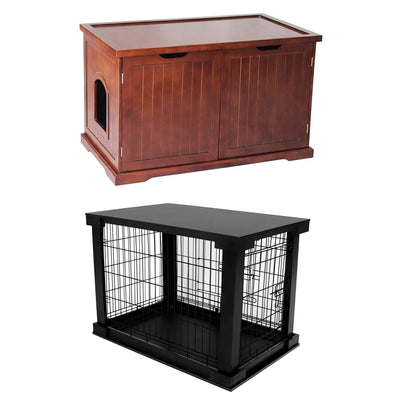 Merry Products Pet Cat Washroom Bench with Removable Partition Wall, Walnut + Merry Products Decorative Pet Cage w/ Protection Box End Table, Black - VMInnovations