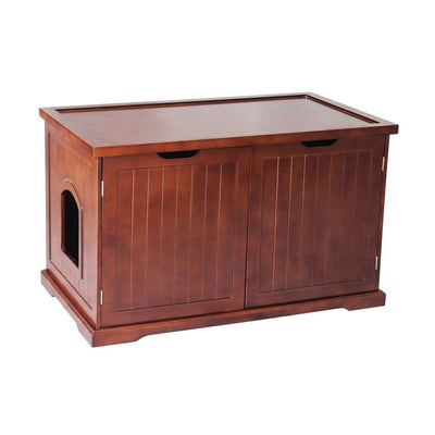 Merry Products Pet Cat Washroom Bench with Removable Partition Wall, Walnut + Merry Products Decorative Pet Cage w/ Protection Box End Table, Black - VMInnovations