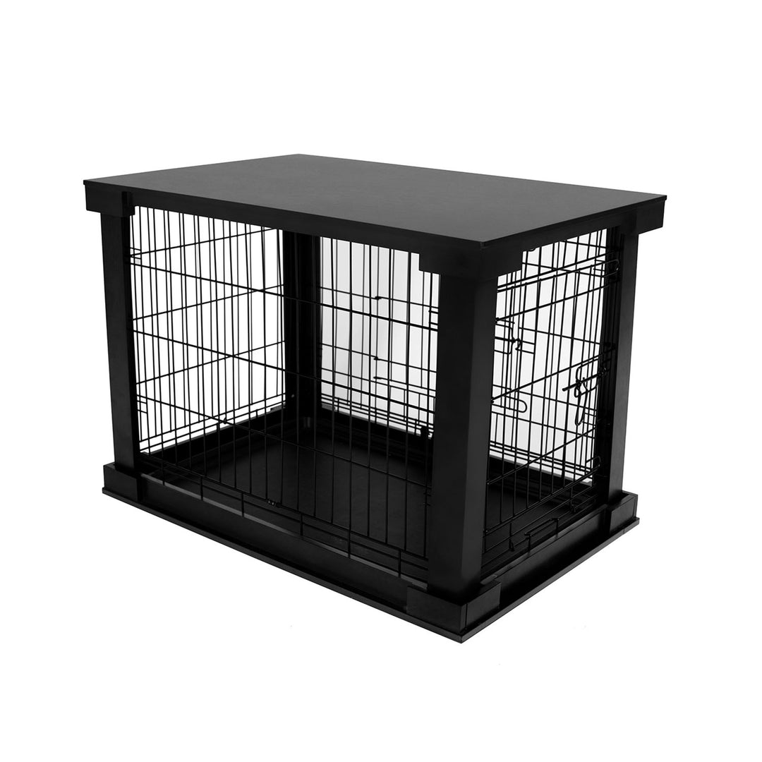 Merry Products Pet Cat Washroom Bench with Removable Partition Wall, Walnut + Merry Products Decorative Pet Cage w/ Protection Box End Table, Black