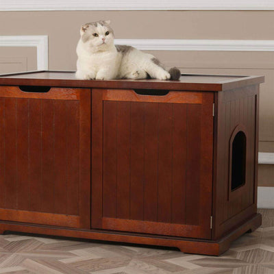 Merry Products Pet Cat Washroom Bench with Removable Partition Wall, Walnut + Merry Products Decorative Pet Cage w/ Protection Box End Table, Black - VMInnovations