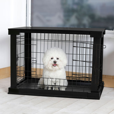 Merry Products Pet Cat Washroom Bench with Removable Partition Wall, Walnut + Merry Products Decorative Pet Cage w/ Protection Box End Table, Black - VMInnovations