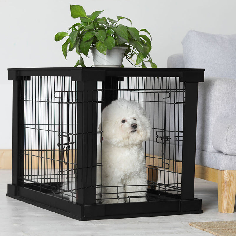 Merry Products Pet Cat Washroom Bench with Removable Partition Wall, Walnut + Merry Products Decorative Pet Cage w/ Protection Box End Table, Black