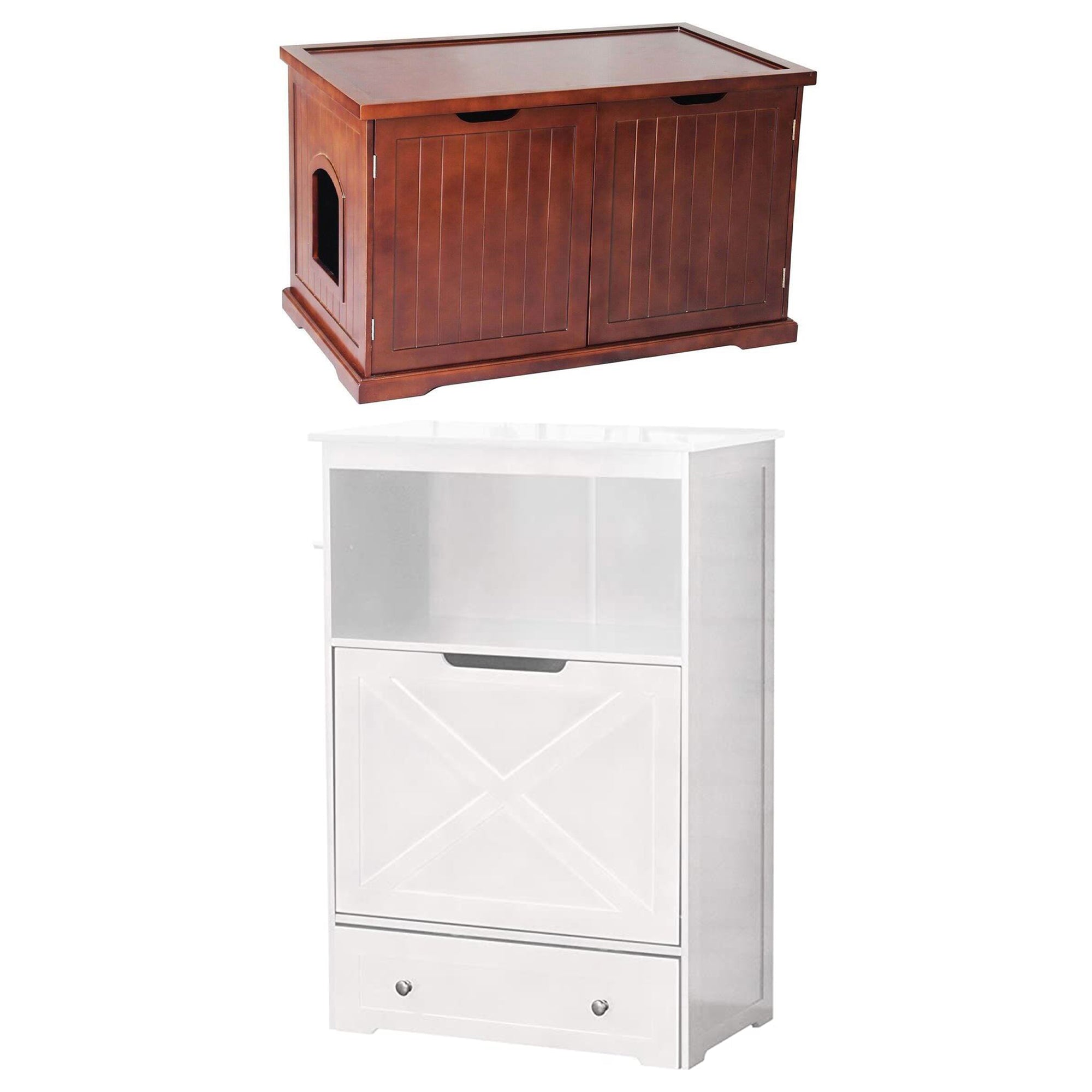 Merry Products Pet Cat Washroom Bench with Removable Partition Wall, Walnut + Zoovilla Pet Feeder Large Storage Bin with Hidden Elevated Dog Bowl Stand, White
