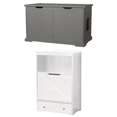 Merry PTH1031722510 Pet Cat Washroom Bench with Removable Partition Wall, Gray + Zoovilla Pet Feeder Large Storage Bin with Hidden Elevated Dog Bowl Stand, White