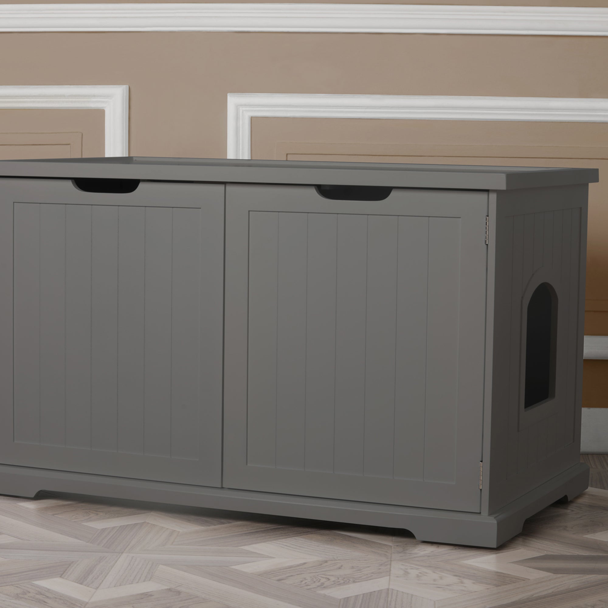 Merry PTH1031722510 Pet Cat Washroom Bench with Removable Partition Wall, Gray + Zoovilla Pet Feeder Large Storage Bin with Hidden Elevated Dog Bowl Stand, White