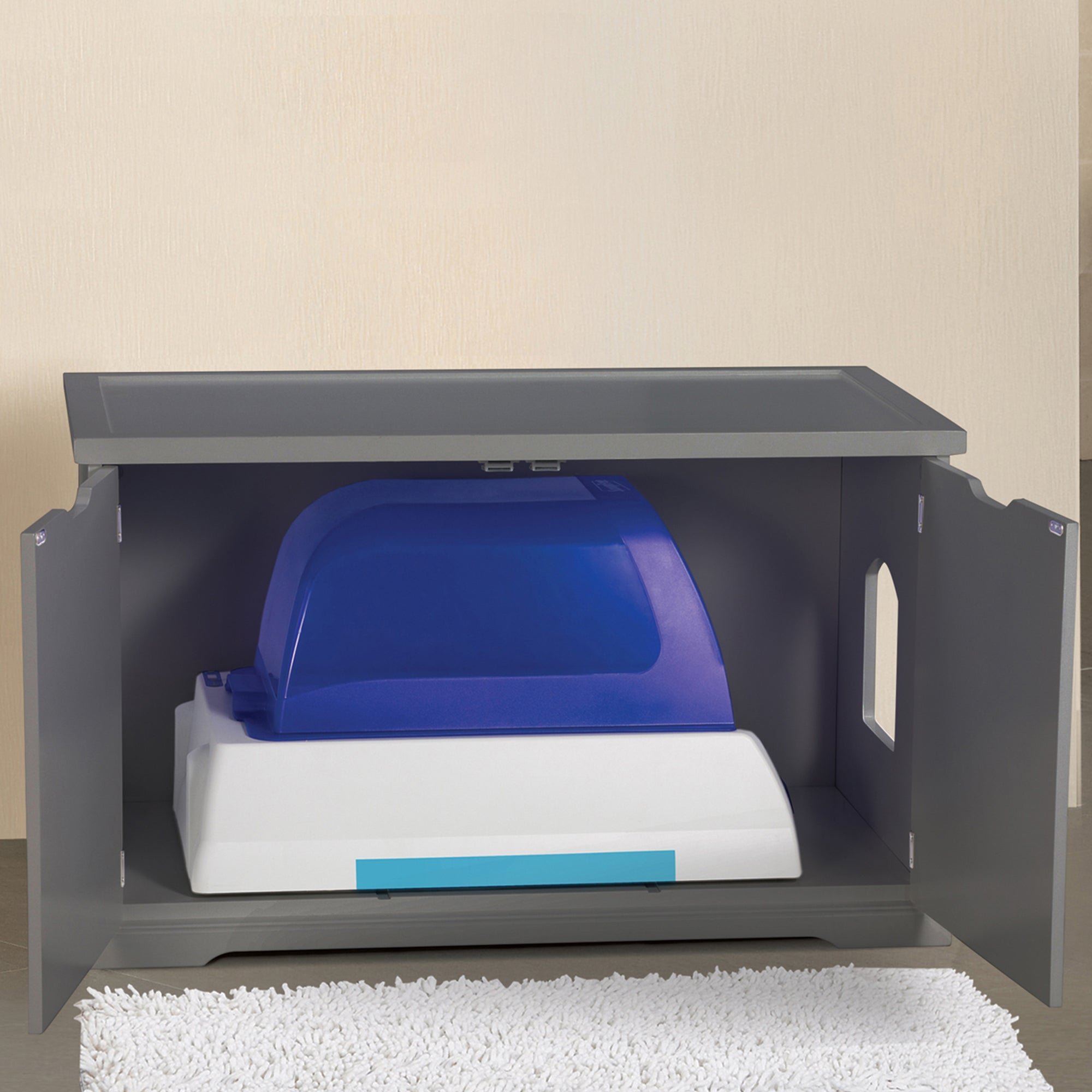 Merry PTH1031722510 Pet Cat Washroom Bench with Removable Partition Wall, Gray + Zoovilla Pet Feeder Large Storage Bin with Hidden Elevated Dog Bowl Stand, White