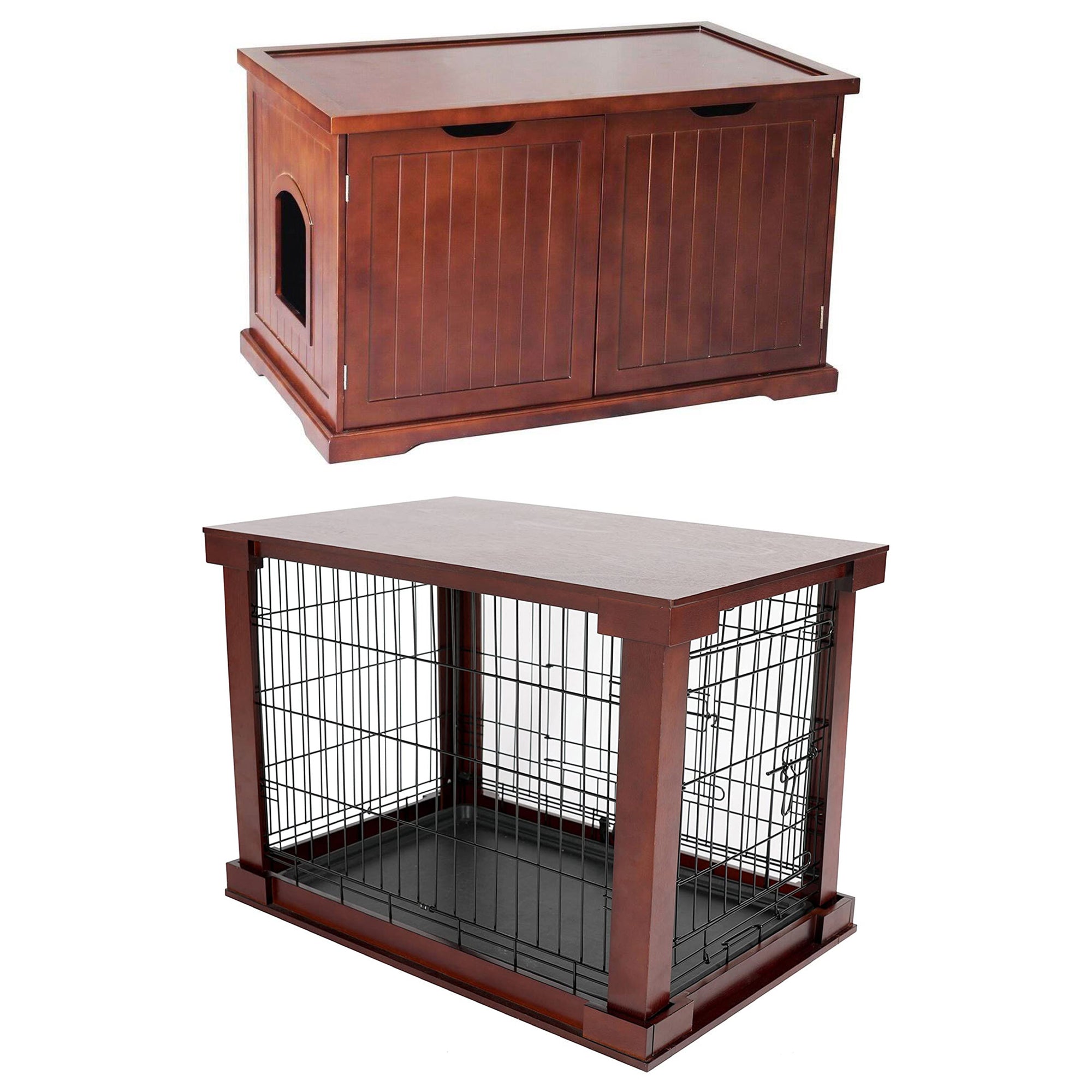 Merry Products Pet Cat Washroom Bench with Removable Partition Wall, Walnut + Merry Products Decorative Pet Cage w/ Protection Box End Table, Large, Brown