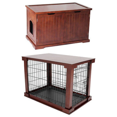 Merry Products Pet Cat Washroom Bench with Removable Partition Wall, Walnut + Merry Products Decorative Pet Cage w/ Protection Box End Table, Large, Brown