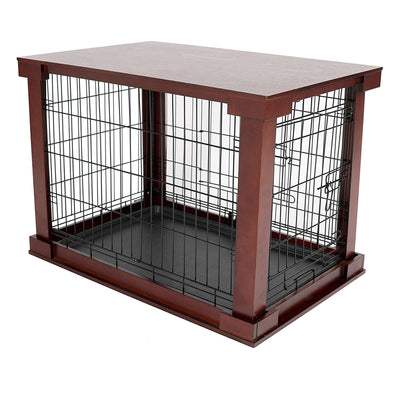 Merry Products Pet Cat Washroom Bench with Removable Partition Wall, Walnut + Merry Products Decorative Pet Cage w/ Protection Box End Table, Large, Brown