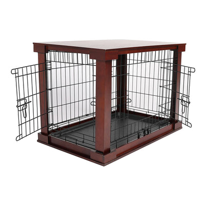 Merry Products Pet Cat Washroom Bench with Removable Partition Wall, Walnut + Merry Products Decorative Pet Cage w/ Protection Box End Table, Large, Brown