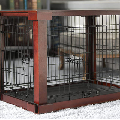 Merry Products Pet Cat Washroom Bench with Removable Partition Wall, Walnut + Merry Products Decorative Pet Cage w/ Protection Box End Table, Large, Brown
