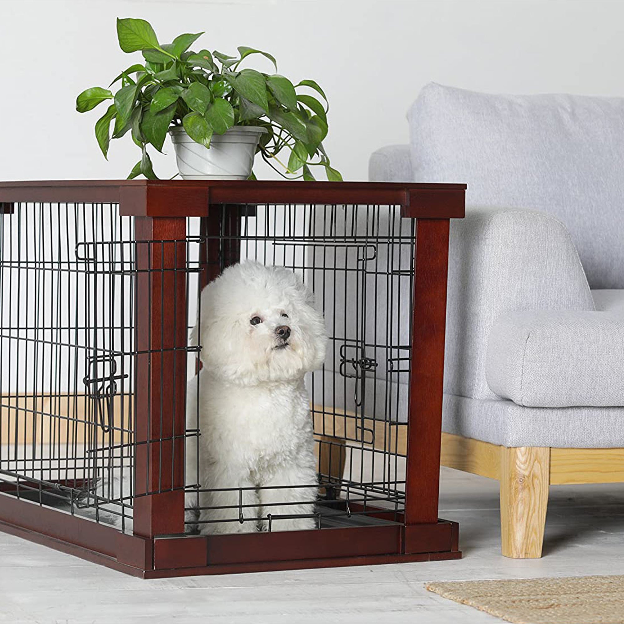 Merry Products Pet Cat Washroom Bench with Removable Partition Wall, Walnut + Merry Products Decorative Pet Cage w/ Protection Box End Table, Large, Brown