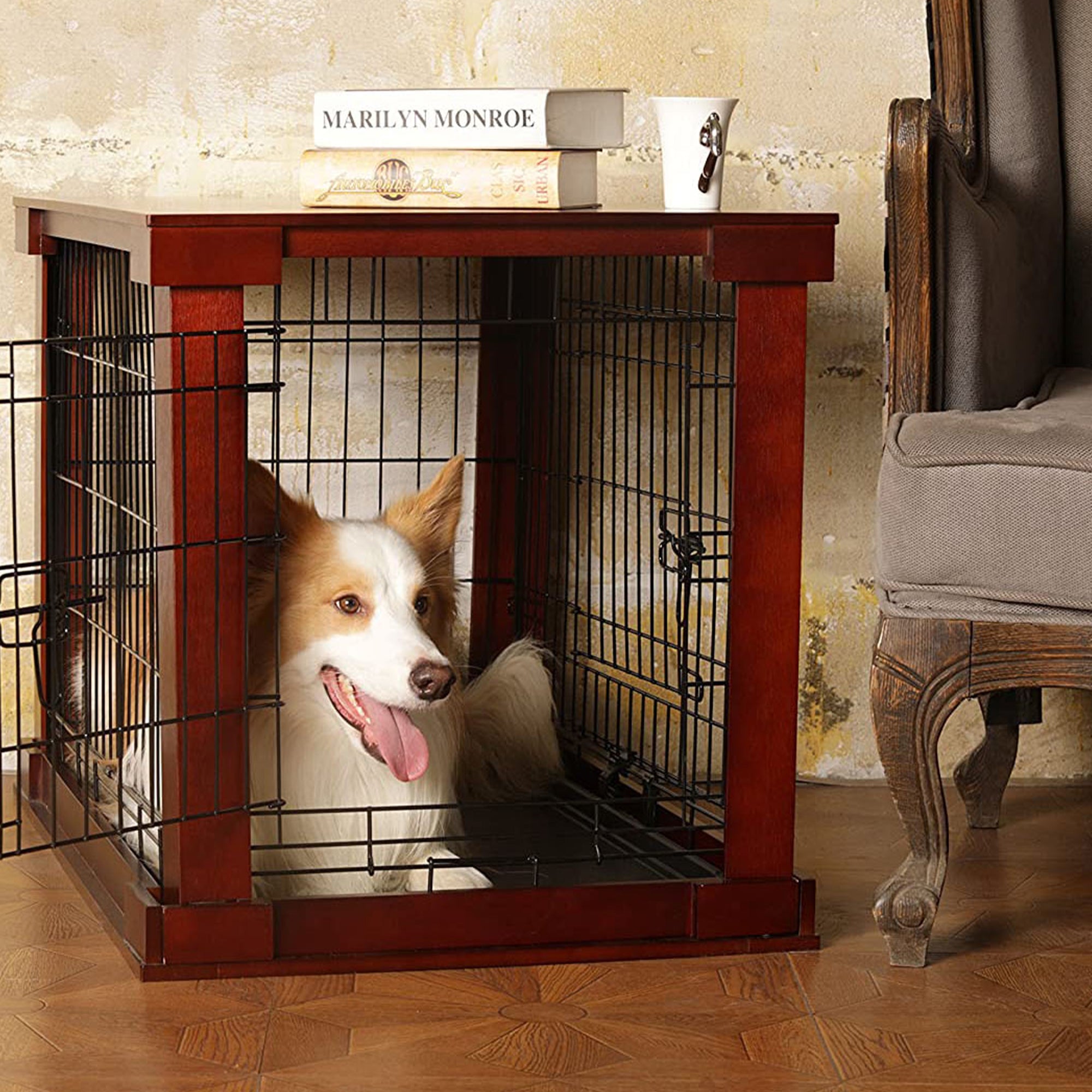 Merry Products Pet Cat Washroom Bench with Removable Partition Wall, Walnut + Merry Products Decorative Pet Cage w/ Protection Box End Table, Large, Brown