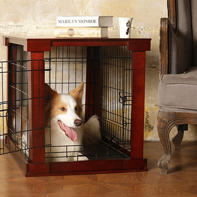 Merry Products Pet Cat Washroom Bench with Removable Partition Wall, Walnut + Merry Products Decorative Pet Cage w/ Protection Box End Table, Large, Brown