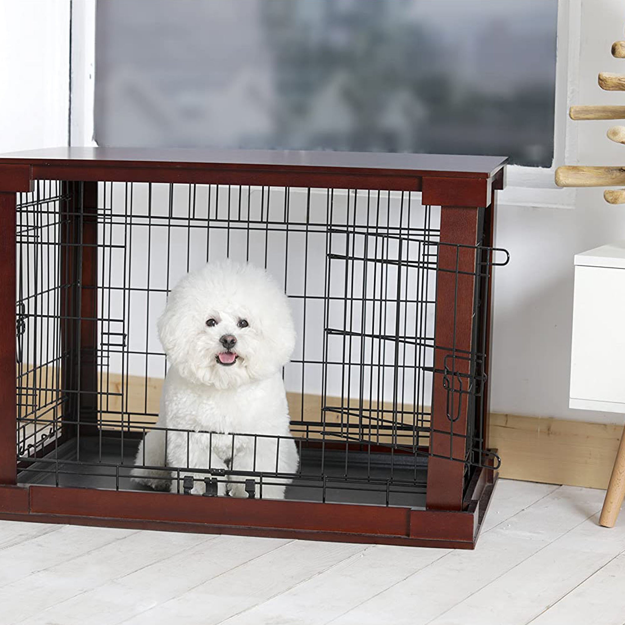 Merry Products Pet Cat Washroom Bench with Removable Partition Wall, Walnut + Merry Products Decorative Pet Cage w/ Protection Box End Table, Large, Brown