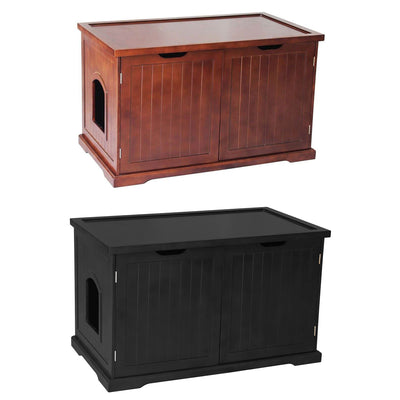 Merry Products Pet Cat Washroom Bench with Removable Partition Wall, Walnut + Merry Products Decorative Bench with Enclosed Cat Litter Washroom Box, Black