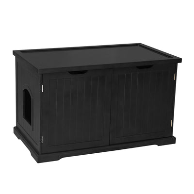 Merry Products Pet Cat Washroom Bench with Removable Partition Wall, Walnut + Merry Products Decorative Bench with Enclosed Cat Litter Washroom Box, Black