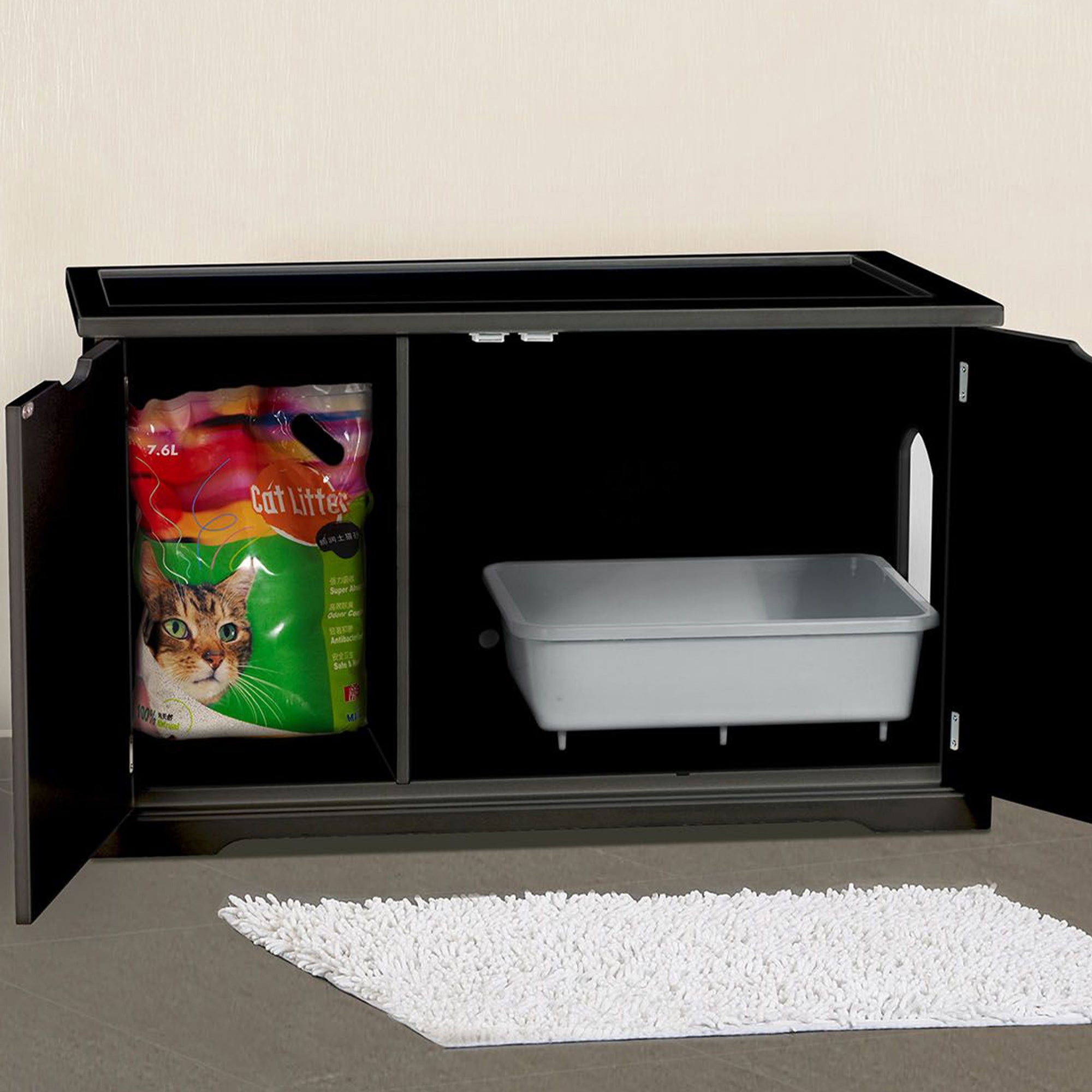 Merry Products Pet Cat Washroom Bench with Removable Partition Wall, Walnut + Merry Products Decorative Bench with Enclosed Cat Litter Washroom Box, Black