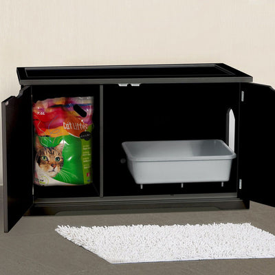 Merry Products Pet Cat Washroom Bench with Removable Partition Wall, Walnut + Merry Products Decorative Bench with Enclosed Cat Litter Washroom Box, Black