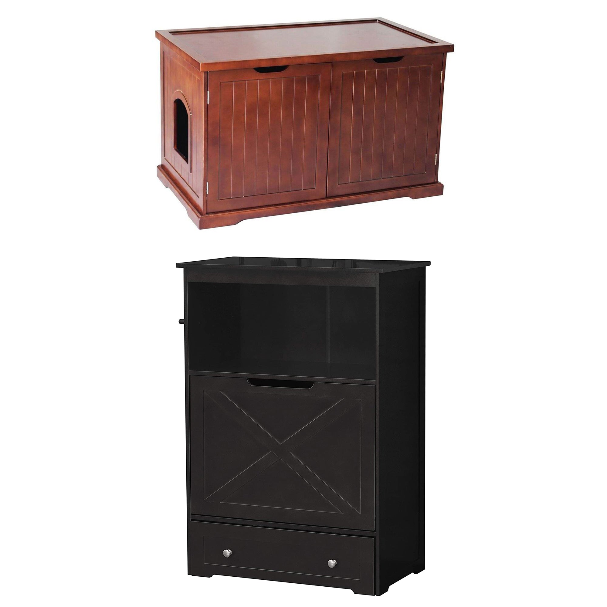 Merry Products Pet Cat Washroom Bench with Removable Partition Wall, Walnut + Zoovilla Pet Feeder Large Storage Bin with Hidden Elevated Dog Bowl Stand, Black