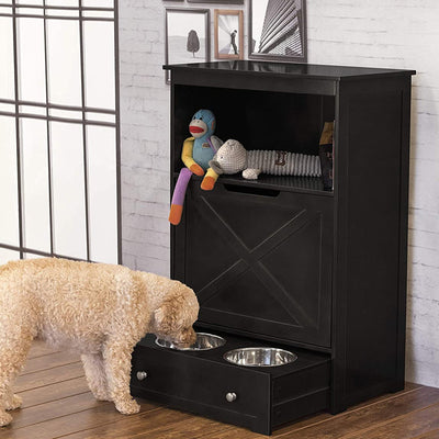 Merry Products Pet Cat Washroom Bench with Removable Partition Wall, Walnut + Zoovilla Pet Feeder Large Storage Bin with Hidden Elevated Dog Bowl Stand, Black