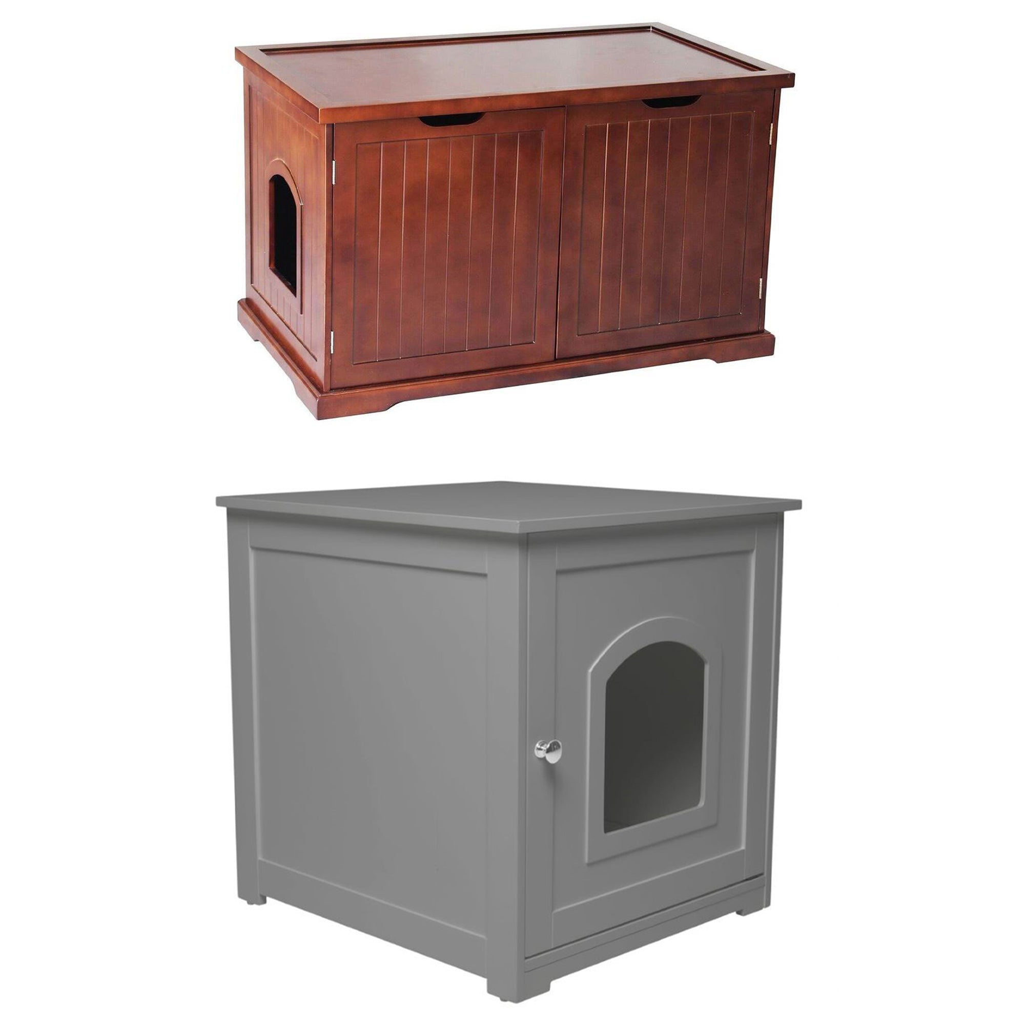 Merry Products Pet Cat Washroom Bench with Removable Partition Wall, Walnut + zoovilla Kitty Litter Loo Indoor Hidden Litter Box Enclosure Furniture, Gray