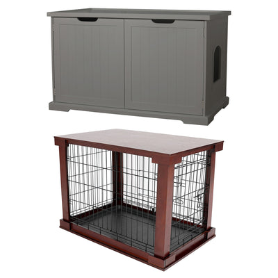 Merry PTH1031722510 Pet Cat Washroom Bench with Removable Partition Wall, Gray + Merry Products Decorative Pet Cage w/ Protection Box End Table, Large, Brown