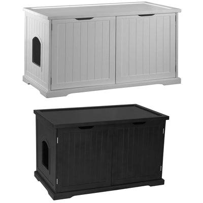 Merry Products Pet Cat Washroom Bench Box with Removable Partition Wall, White + Merry Products Decorative Bench with Enclosed Cat Litter Washroom Box, Black - VMInnovations