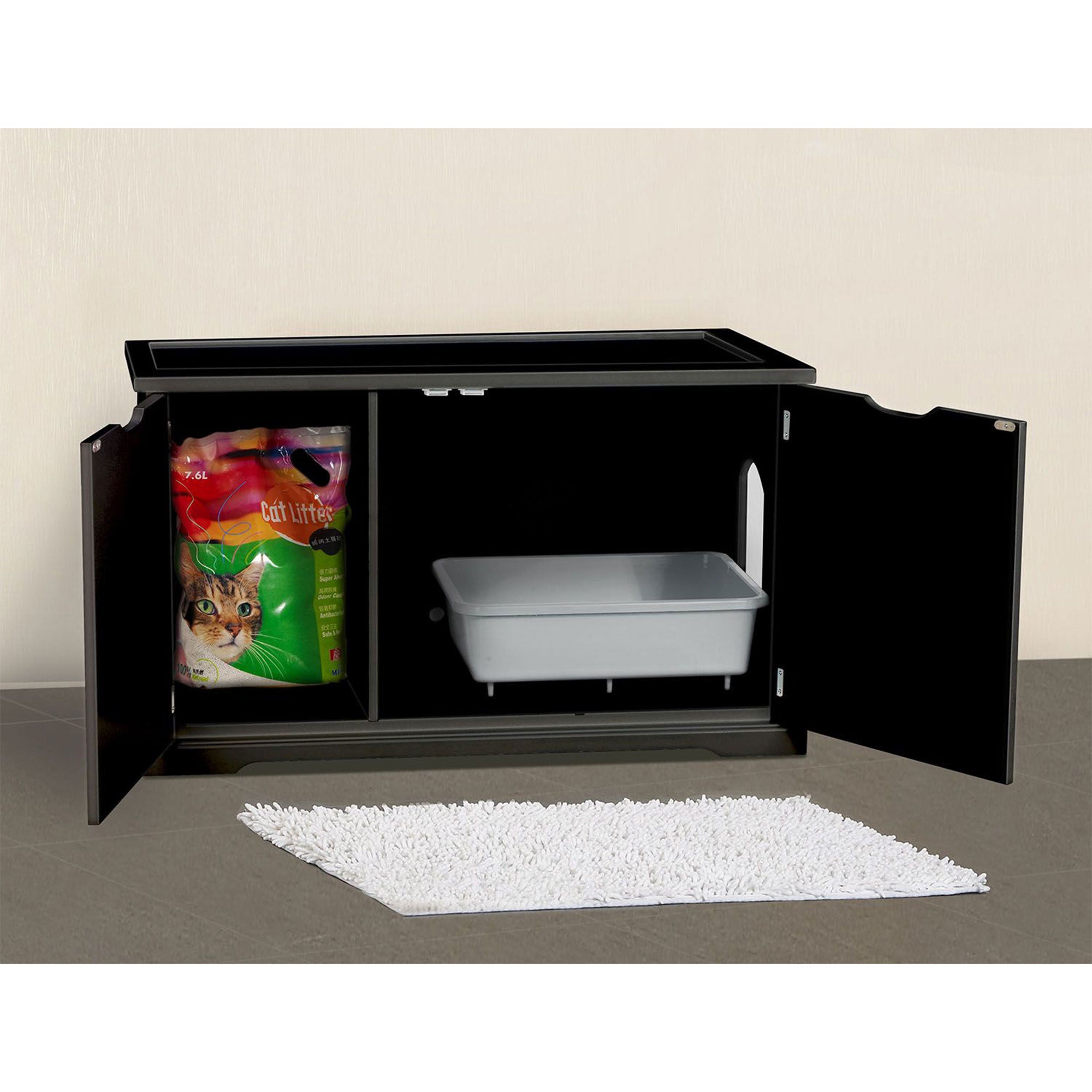 Merry Products Pet Cat Washroom Bench Box with Removable Partition Wall, White + Merry Products Decorative Bench with Enclosed Cat Litter Washroom Box, Black - VMInnovations