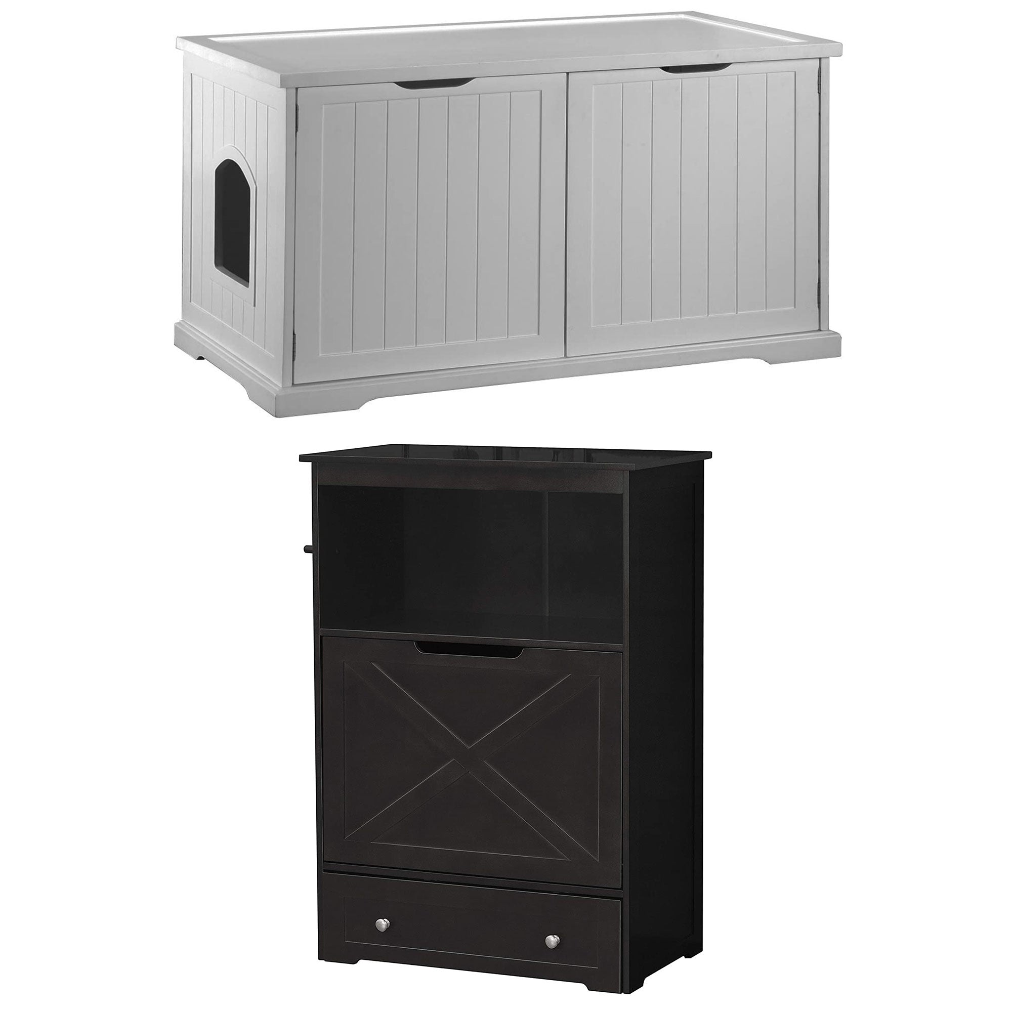 Merry Products Pet Cat Washroom Bench Box with Removable Partition Wall, White + Zoovilla Pet Feeder Large Storage Bin with Hidden Elevated Dog Bowl Stand, Black - VMInnovations