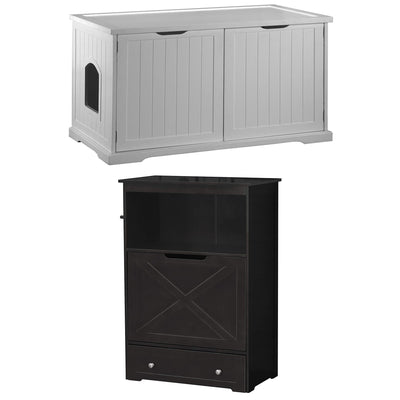 Merry Products Pet Cat Washroom Bench Box with Removable Partition Wall, White + Zoovilla Pet Feeder Large Storage Bin with Hidden Elevated Dog Bowl Stand, Black - VMInnovations