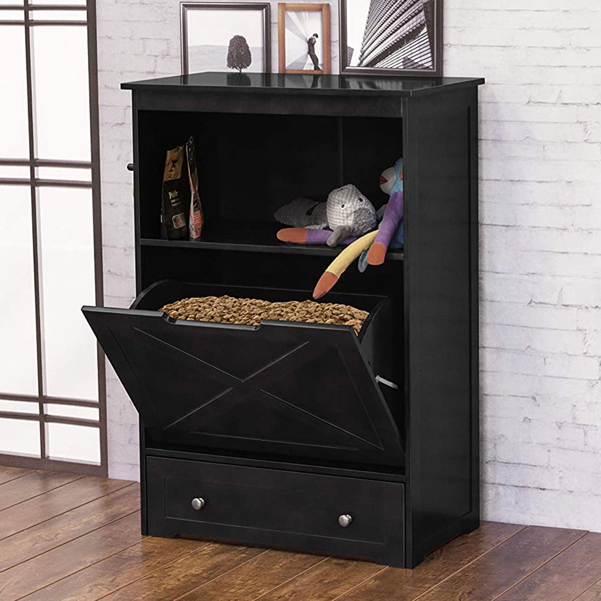 Merry Products Pet Cat Washroom Bench Box with Removable Partition Wall, White + Zoovilla Pet Feeder Large Storage Bin with Hidden Elevated Dog Bowl Stand, Black - VMInnovations