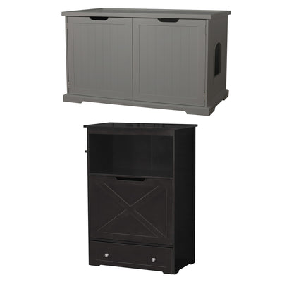 Merry PTH1031722510 Pet Cat Washroom Bench with Removable Partition Wall, Gray + Zoovilla Pet Feeder Large Storage Bin with Hidden Elevated Dog Bowl Stand, Black