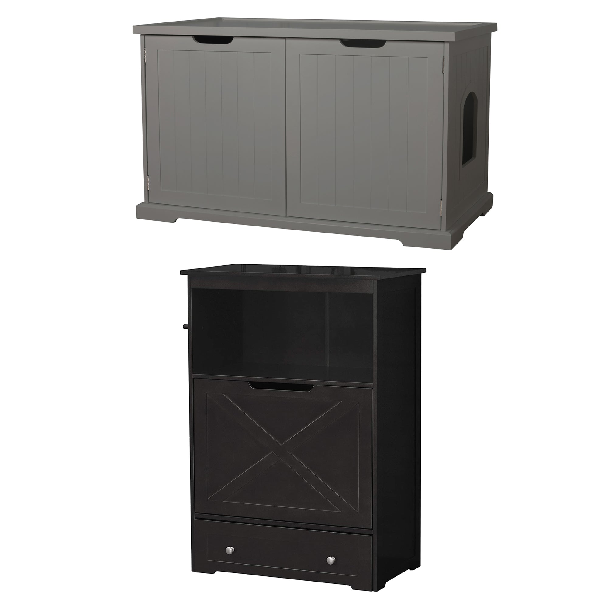 Merry PTH1031722510 Pet Cat Washroom Bench with Removable Partition Wall, Gray + Zoovilla Pet Feeder Large Storage Bin with Hidden Elevated Dog Bowl Stand, Black