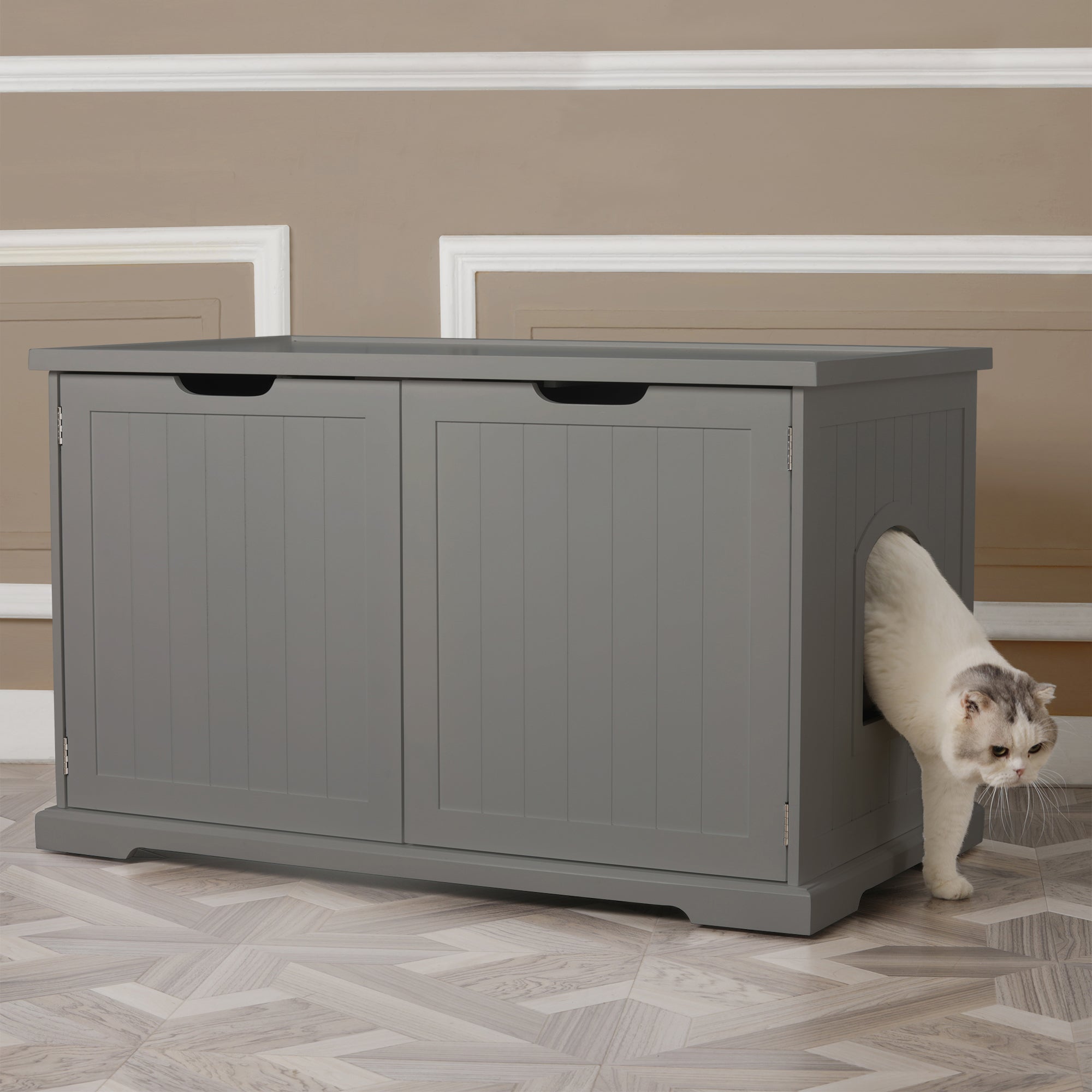 Merry PTH1031722510 Pet Cat Washroom Bench with Removable Partition Wall, Gray + Zoovilla Pet Feeder Large Storage Bin with Hidden Elevated Dog Bowl Stand, Black