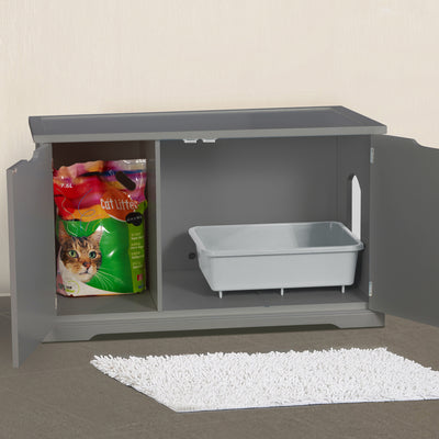 Merry PTH1031722510 Pet Cat Washroom Bench with Removable Partition Wall, Gray + Zoovilla Pet Feeder Large Storage Bin with Hidden Elevated Dog Bowl Stand, Black