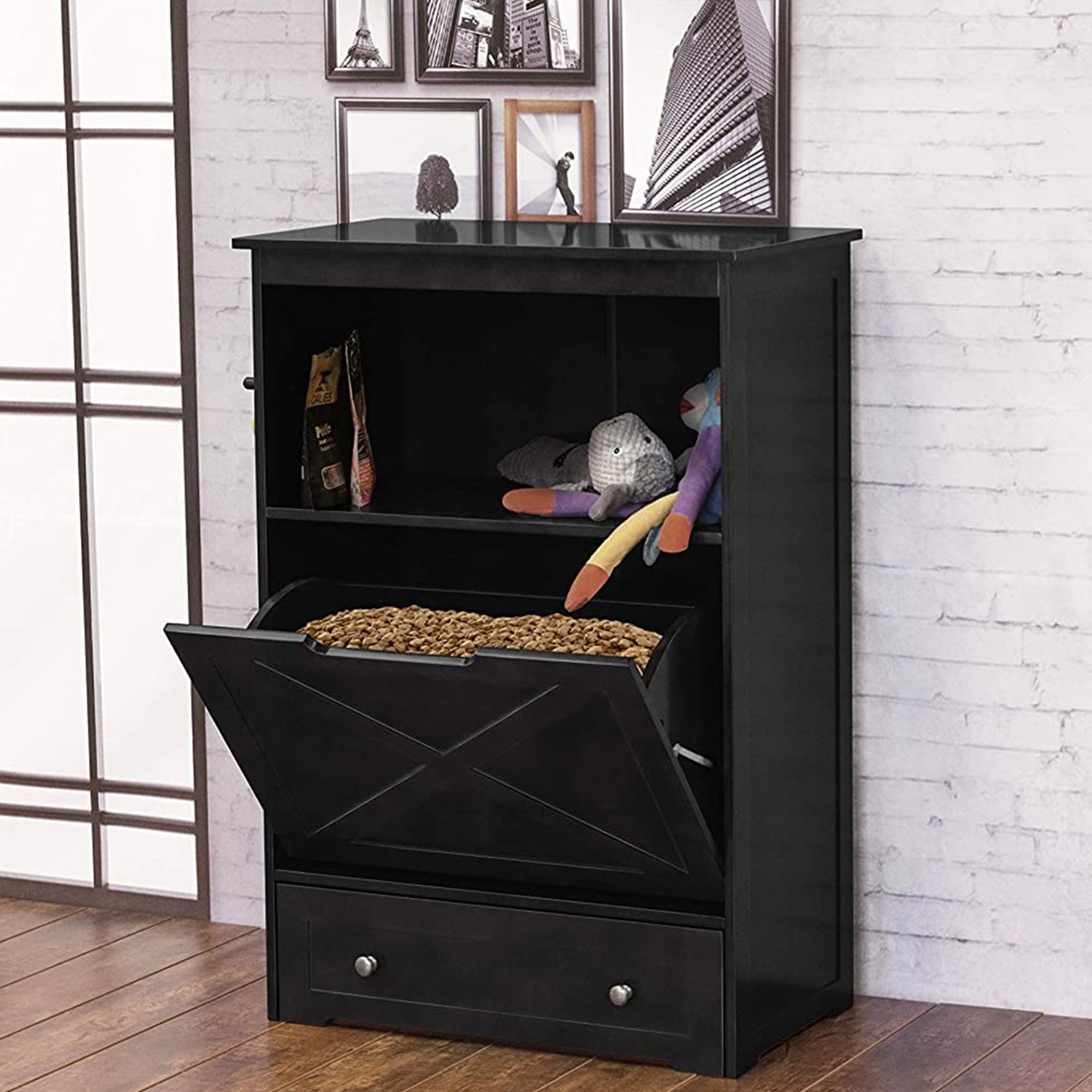 Merry PTH1031722510 Pet Cat Washroom Bench with Removable Partition Wall, Gray + Zoovilla Pet Feeder Large Storage Bin with Hidden Elevated Dog Bowl Stand, Black