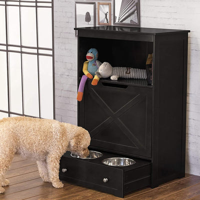 Merry PTH1031722510 Pet Cat Washroom Bench with Removable Partition Wall, Gray + Zoovilla Pet Feeder Large Storage Bin with Hidden Elevated Dog Bowl Stand, Black
