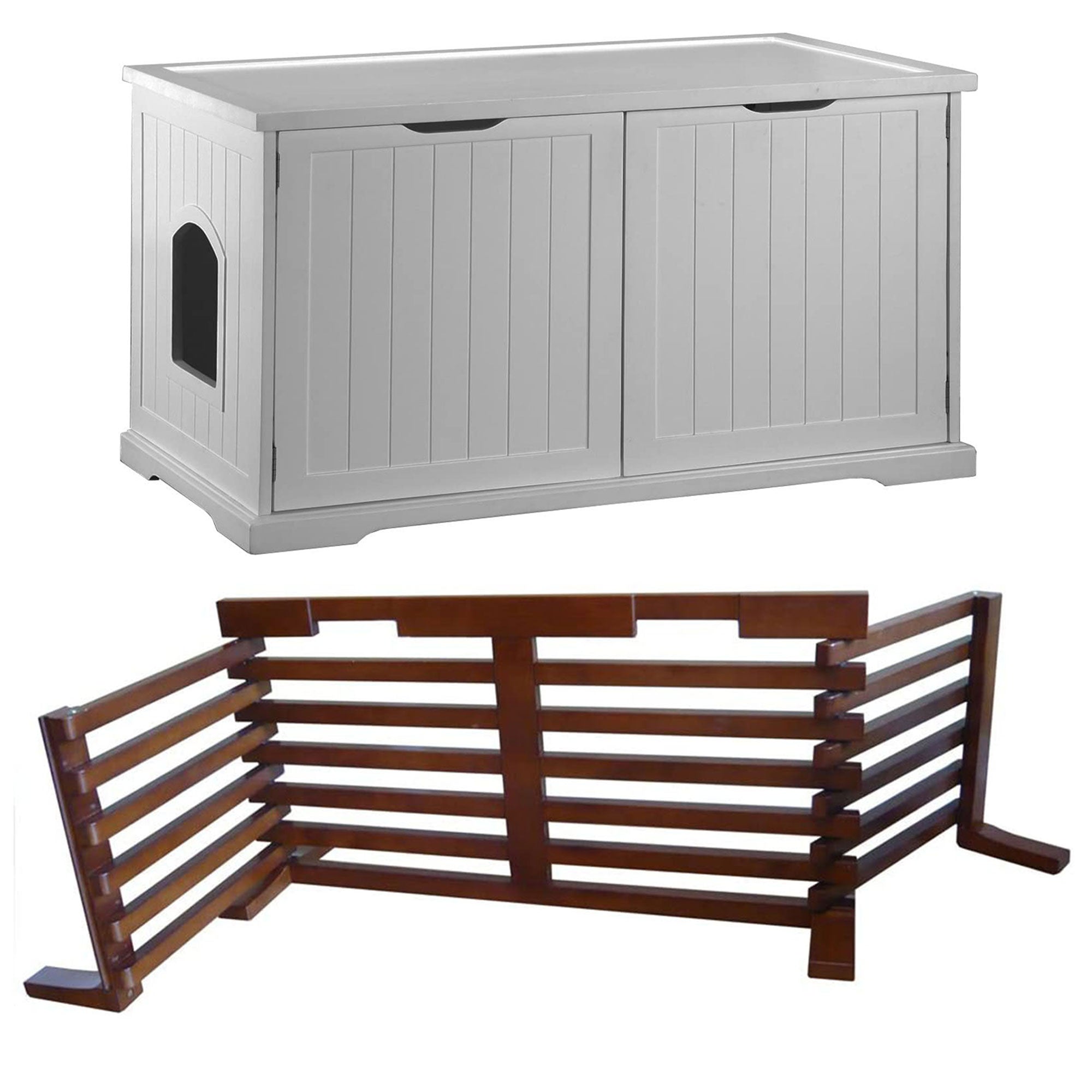 Merry Products Pet Cat Washroom Bench Box with Removable Partition Wall, White + Merry Products Wooden 6 Foot Dog Gate-N-Crate for Small to Medium Pets, Walnut - VMInnovations