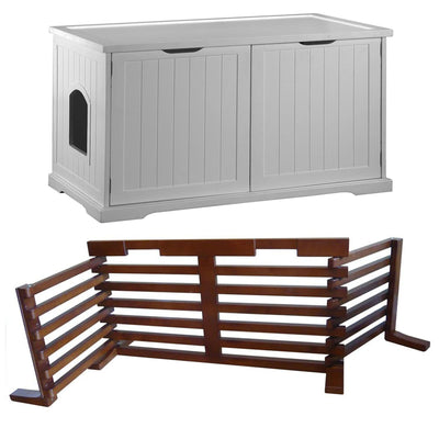 Merry Products Pet Cat Washroom Bench Box with Removable Partition Wall, White + Merry Products Wooden 6 Foot Dog Gate-N-Crate for Small to Medium Pets, Walnut - VMInnovations