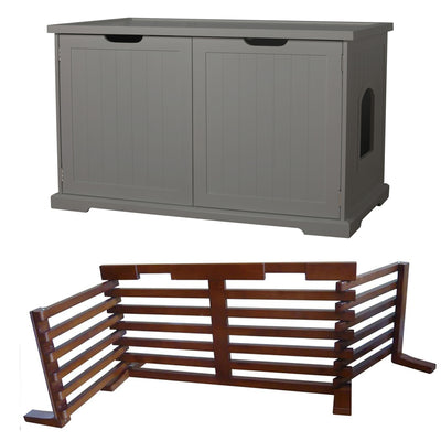 Merry PTH1031722510 Pet Cat Washroom Bench with Removable Partition Wall, Gray + Merry Products Wooden 6 Foot Dog Gate-N-Crate for Small to Medium Pets, Walnut