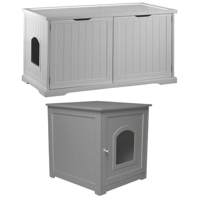 Merry Products Pet Cat Washroom Bench Box with Removable Partition Wall, White + zoovilla Kitty Litter Loo Indoor Hidden Litter Box Enclosure Furniture, Gray - VMInnovations