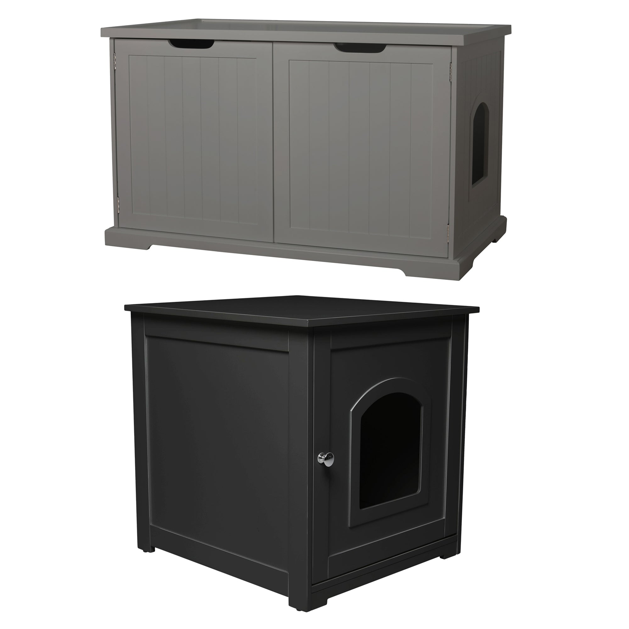 Merry PTH1031722510 Pet Cat Washroom Bench with Removable Partition Wall, Gray + zoovilla Kitty Litter Loo Indoor Hidden Litter Box Furniture Enclosure, Black