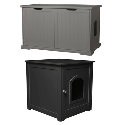 Merry PTH1031722510 Pet Cat Washroom Bench with Removable Partition Wall, Gray + zoovilla Kitty Litter Loo Indoor Hidden Litter Box Furniture Enclosure, Black
