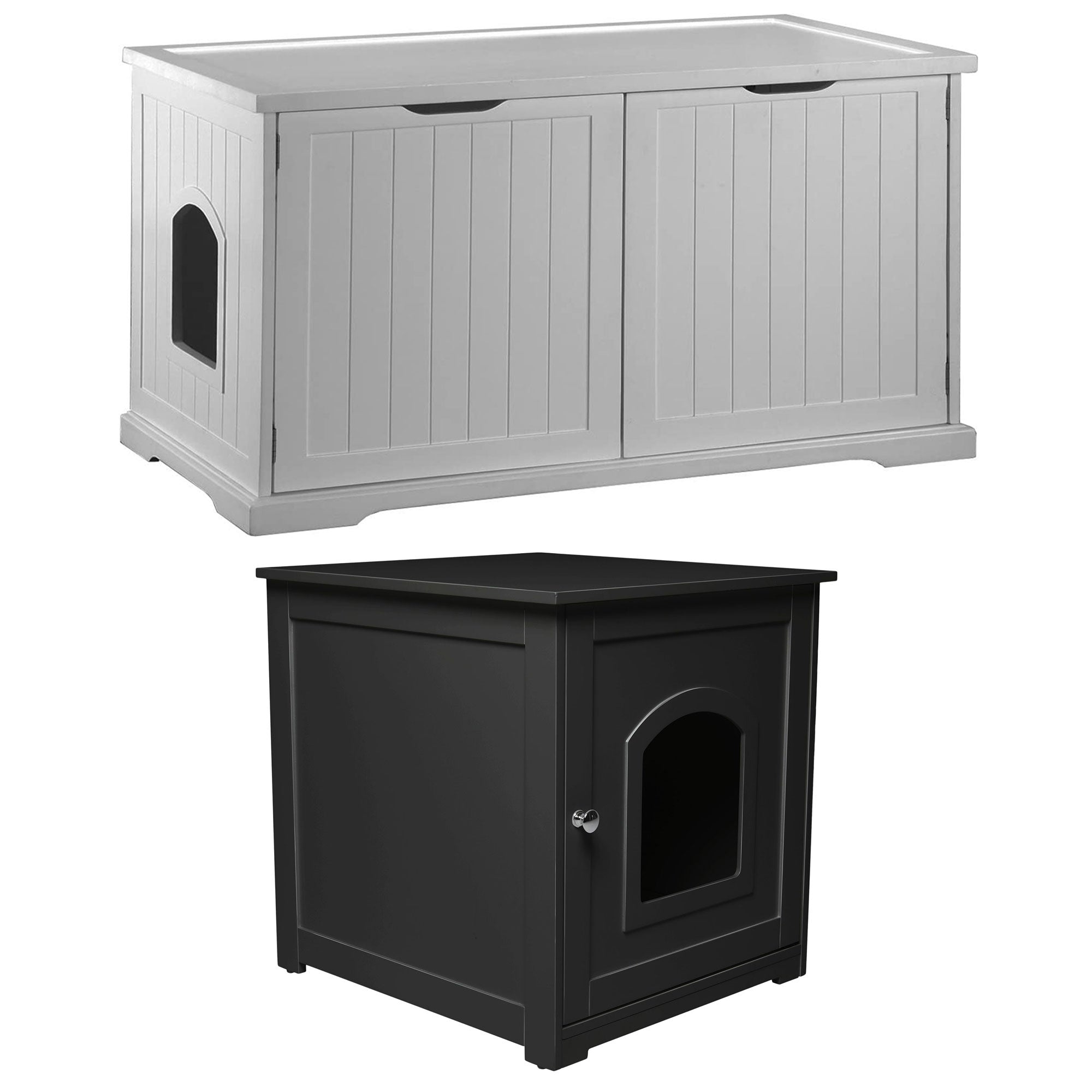 Merry Products Pet Cat Washroom Bench Box with Removable Partition Wall, White + zoovilla Kitty Litter Loo Indoor Hidden Litter Box Furniture Enclosure, Black - VMInnovations