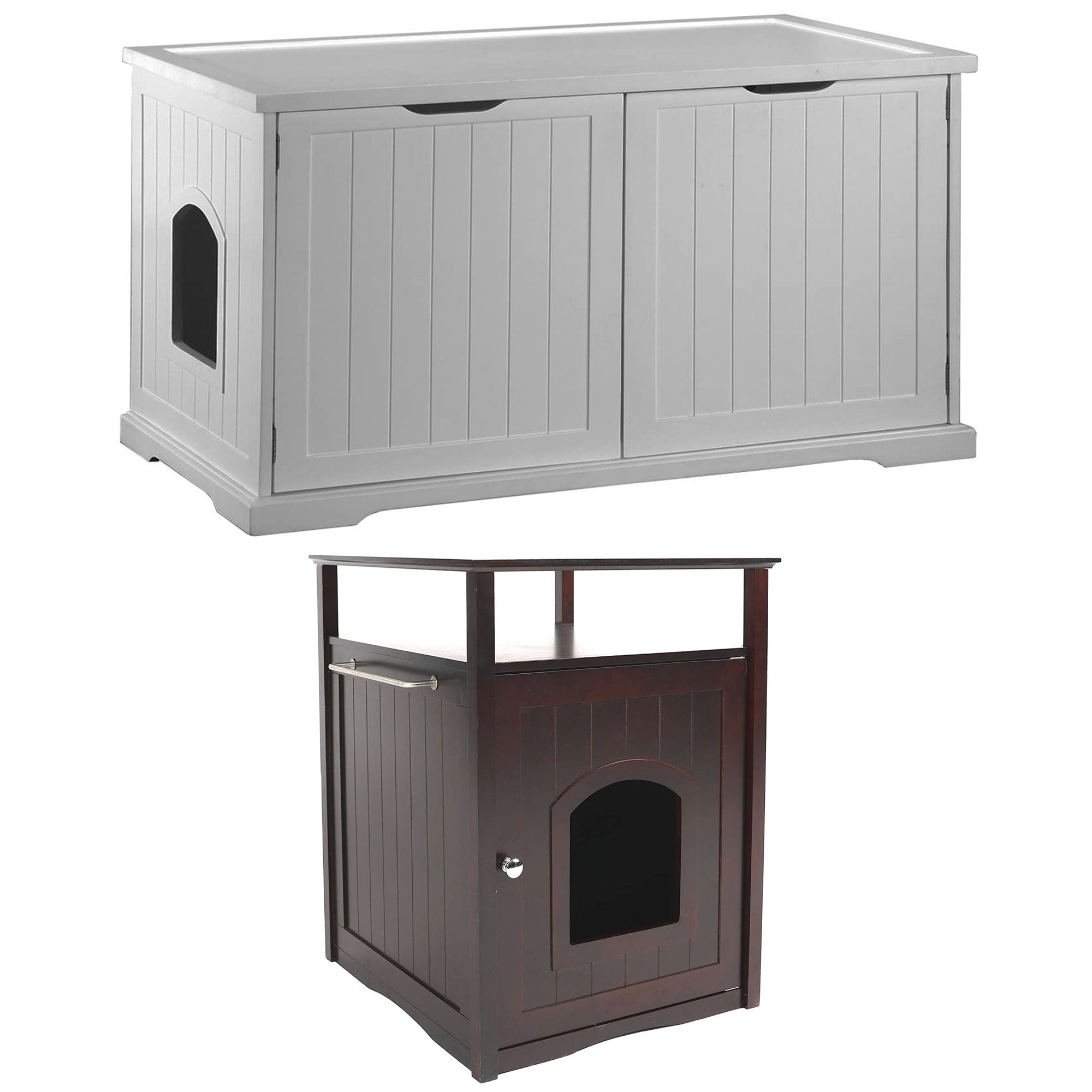 Merry Products Pet Cat Washroom Bench Box with Removable Partition Wall, White + Merry Products Decorative Cat Enclosed Litter Box Washroom Night Stand, Espresso - VMInnovations