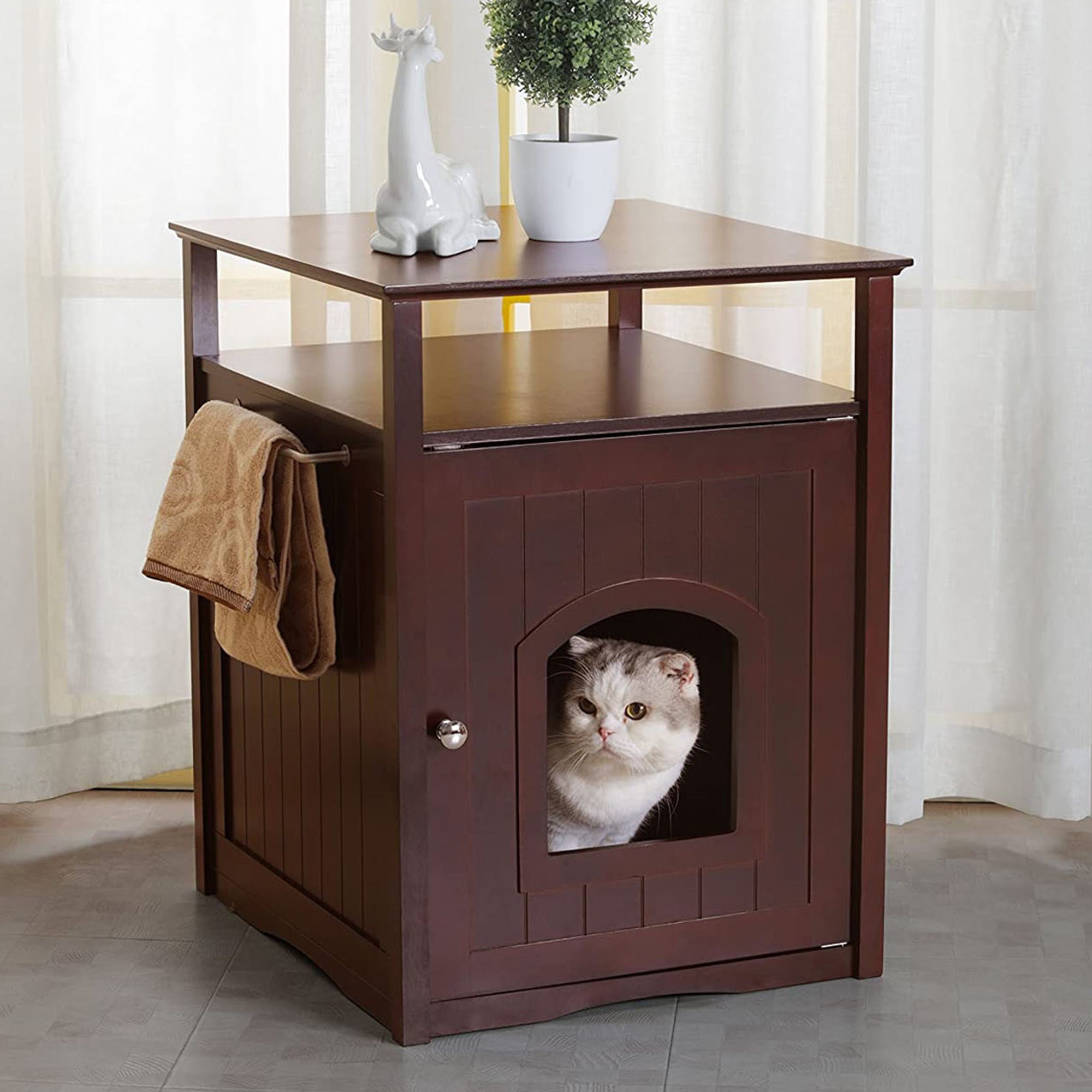 Merry PTH1031722510 Pet Cat Washroom Bench with Removable Partition Wall, Gray + Merry Products Decorative Cat Enclosed Litter Box Washroom Night Stand, Espresso