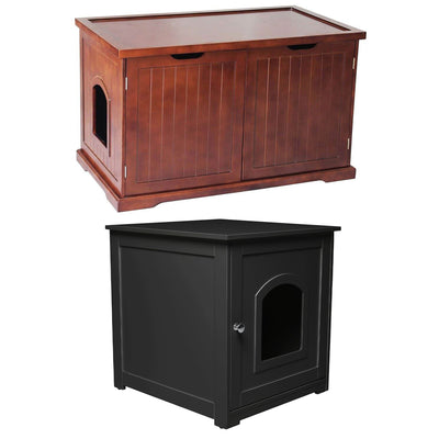 Merry Products Pet Cat Washroom Bench with Removable Partition Wall, Walnut + zoovilla Kitty Litter Loo Indoor Hidden Litter Box Furniture Enclosure, Black